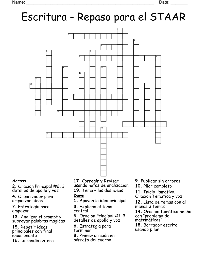 Escritura - Repaso para el STAAR Crossword