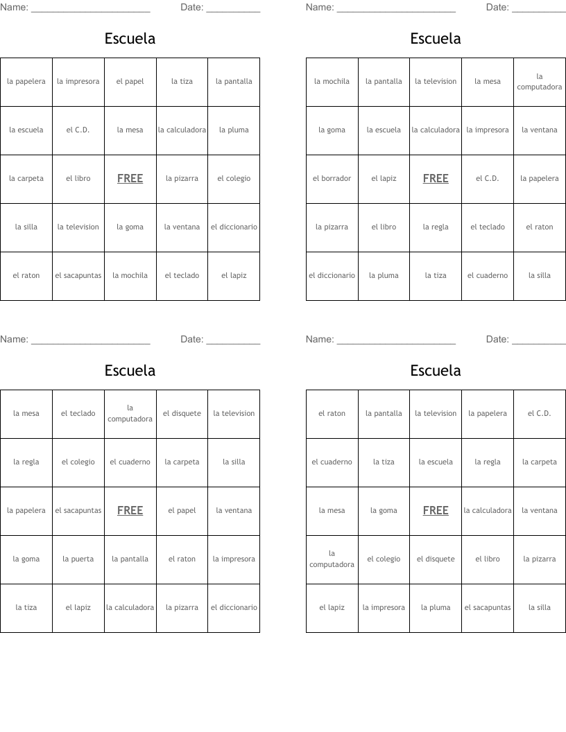 Escuela Bingo Cards