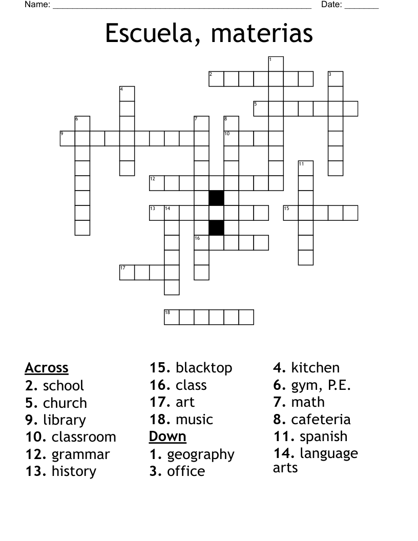 Escuela, materias Crossword