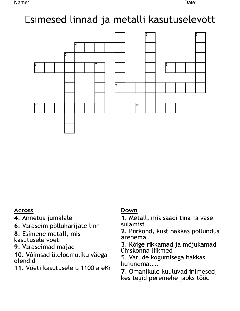 Esimesed linnad ja metalli kasutuselevõtt Crossword