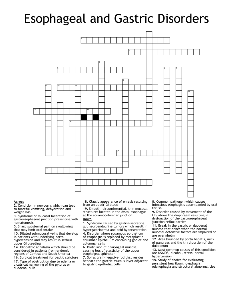 Esophageal and Gastric Disorders Crossword