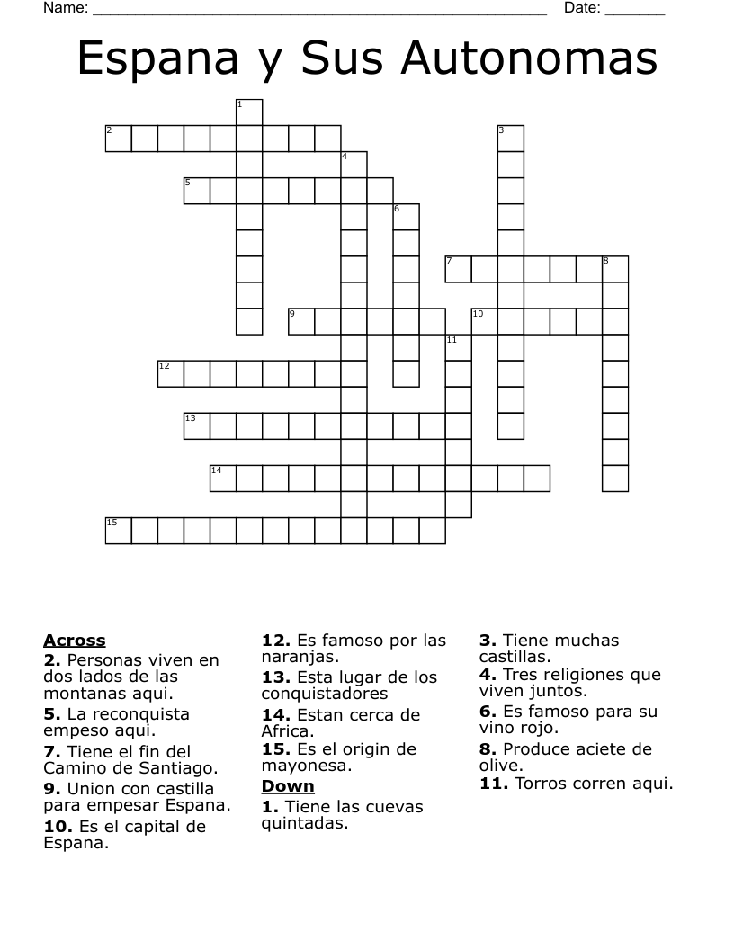 Espana y Sus Autonomas Crossword