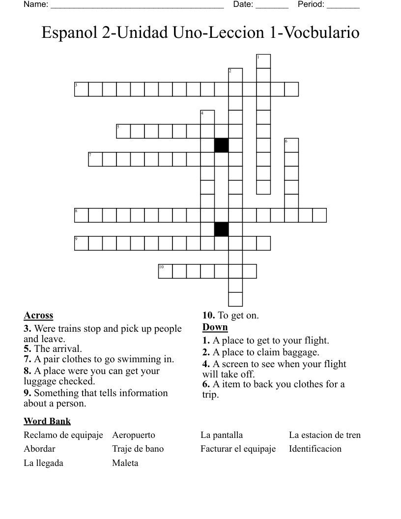 Espanol 2-Unidad Uno-Leccion 1-Vocbulario Crossword