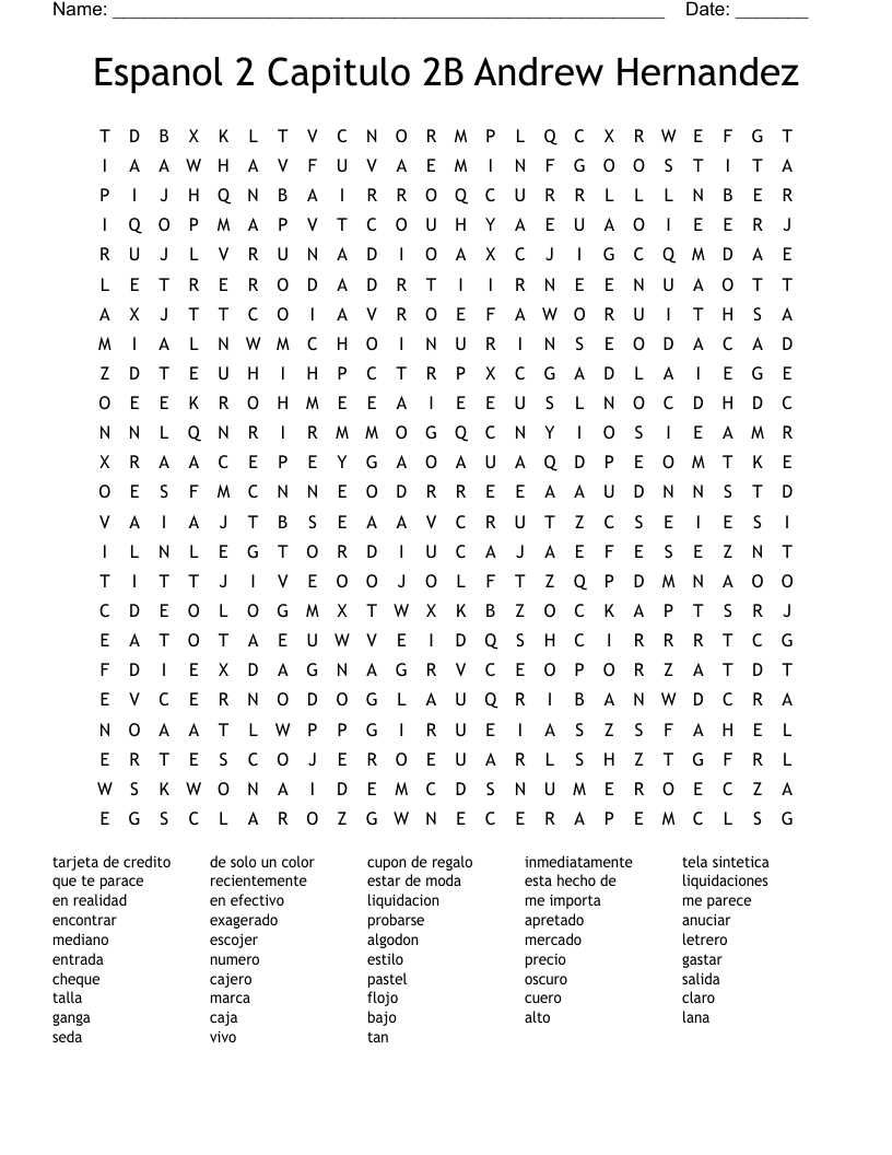 Espanol 2 Capitulo 2B Andrew Hernandez Word Search