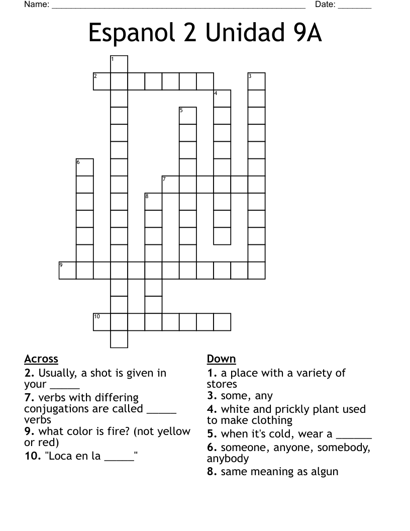 Espanol 2 Unidad 9A Crossword