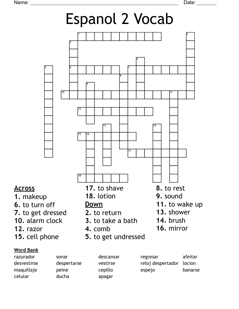 Espanol 2 Vocab Crossword