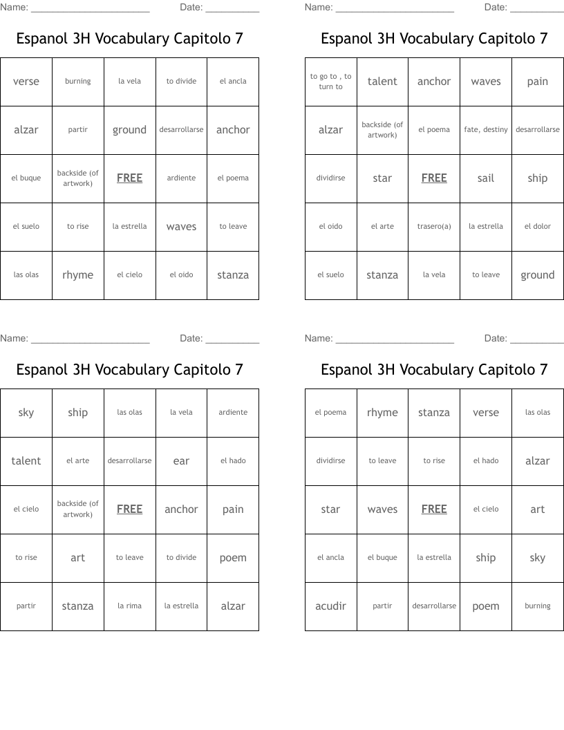 Espanol 3H Vocabulary Capitolo 7 Bingo Cards