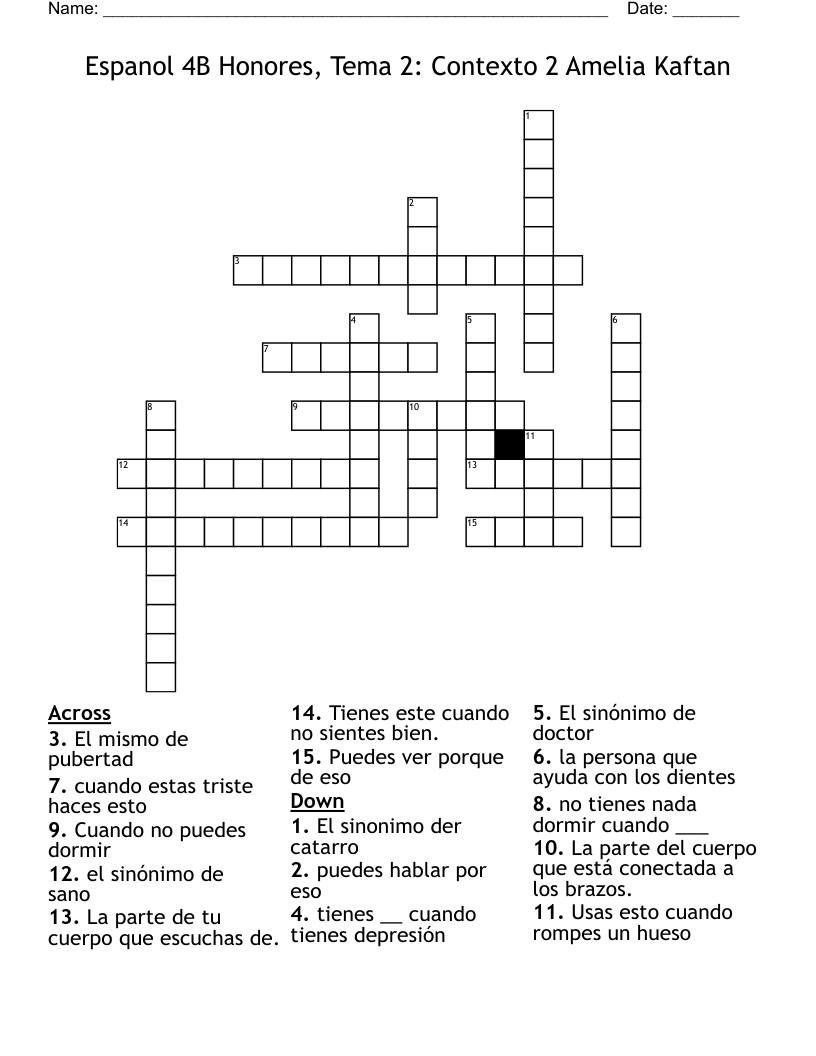 Espanol 4B Honores, Tema 2: Contexto 2 Amelia Kaftan Crossword