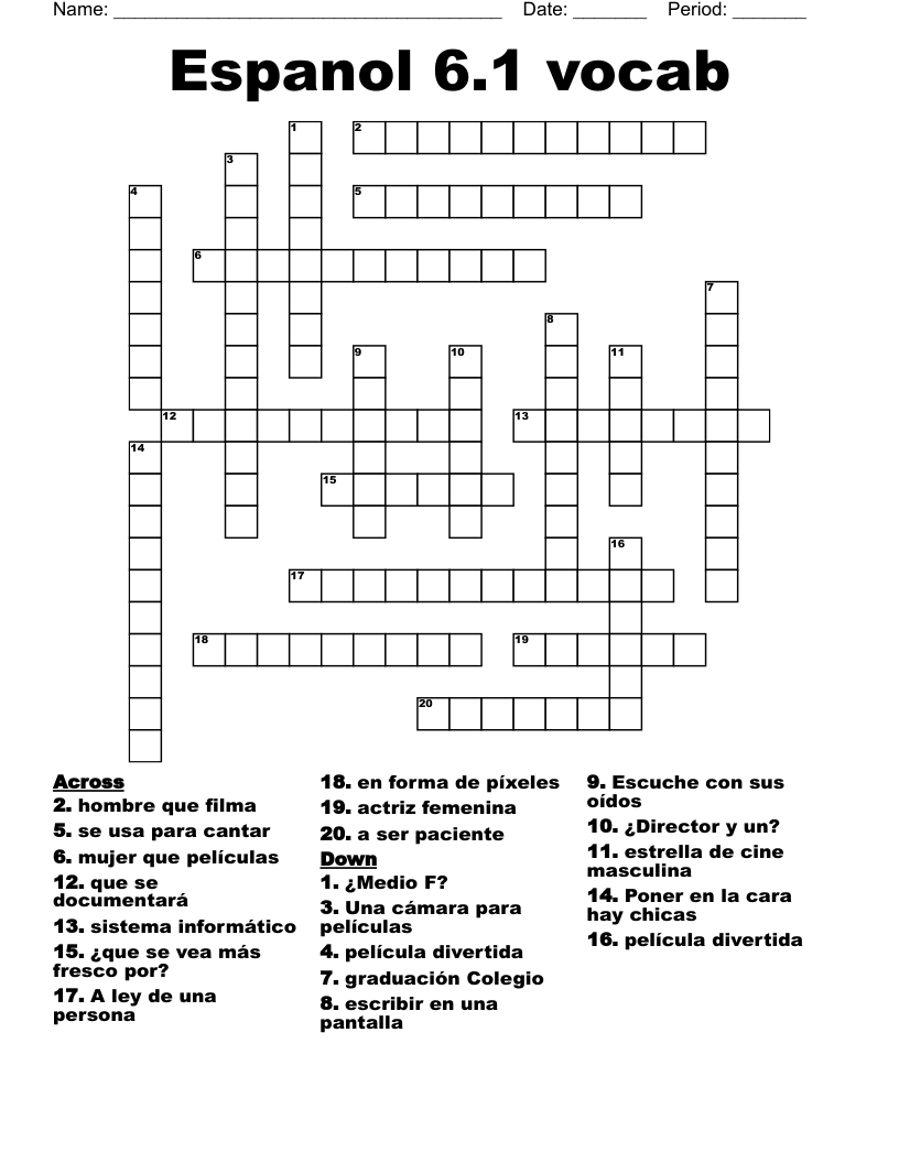 Espanol 6.1 vocab Crossword