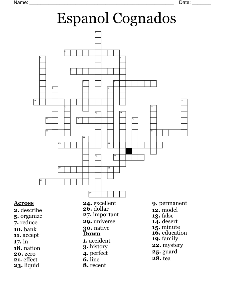 Espanol Cognados Crossword