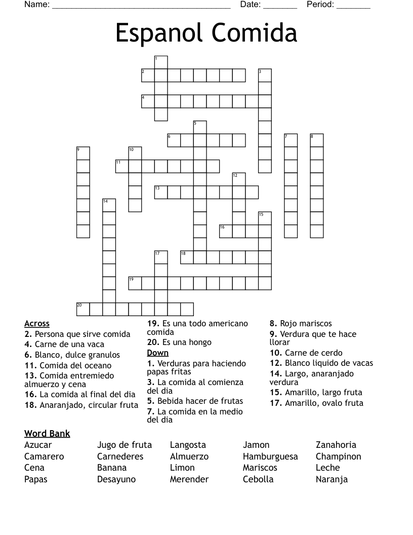 Espanol Comida Crossword