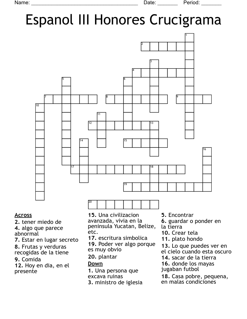 Espanol III Honores Crucigrama Crossword