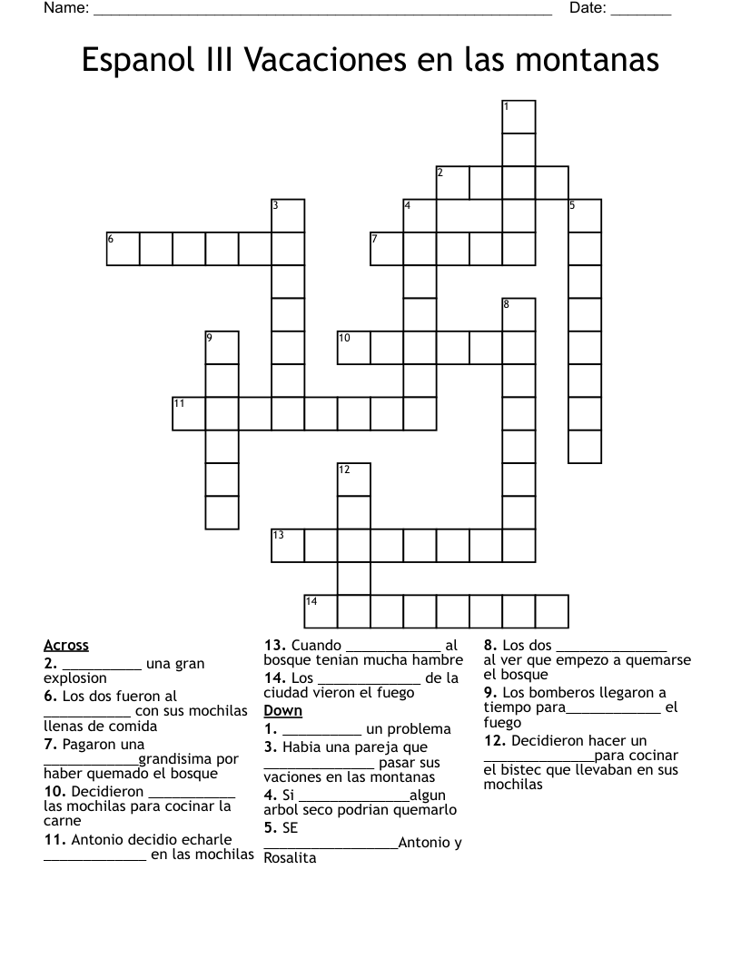 Espanol III  Vacaciones en las montanas Crossword