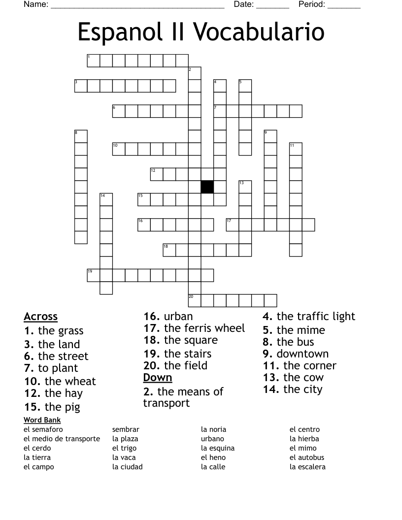 Espanol II Vocabulario Crossword
