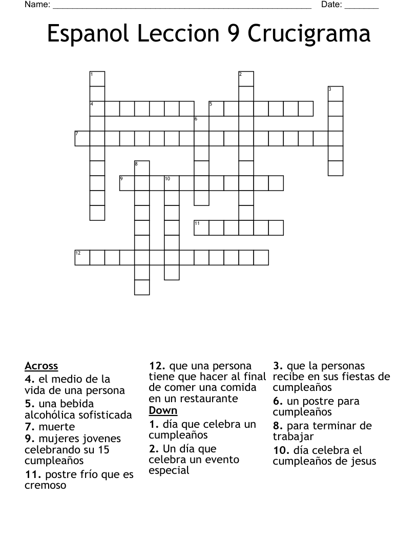 Espanol Leccion 9 Crucigrama  Crossword