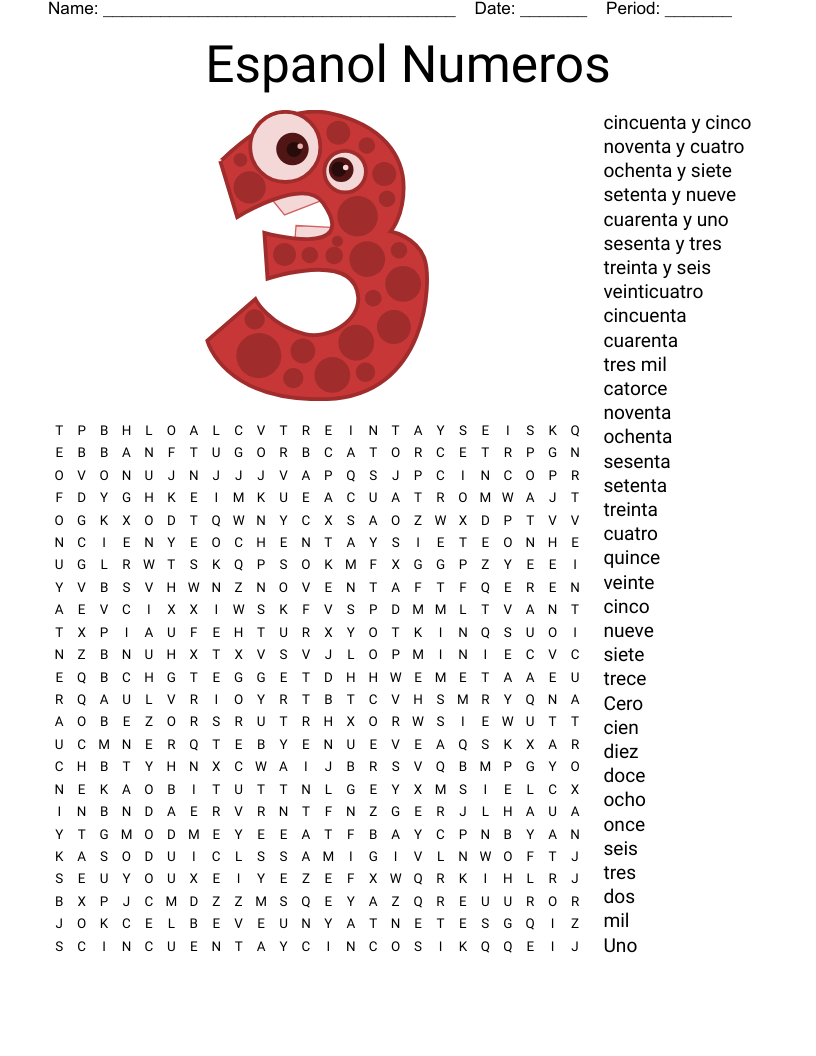 Espanol Numeros Word Search