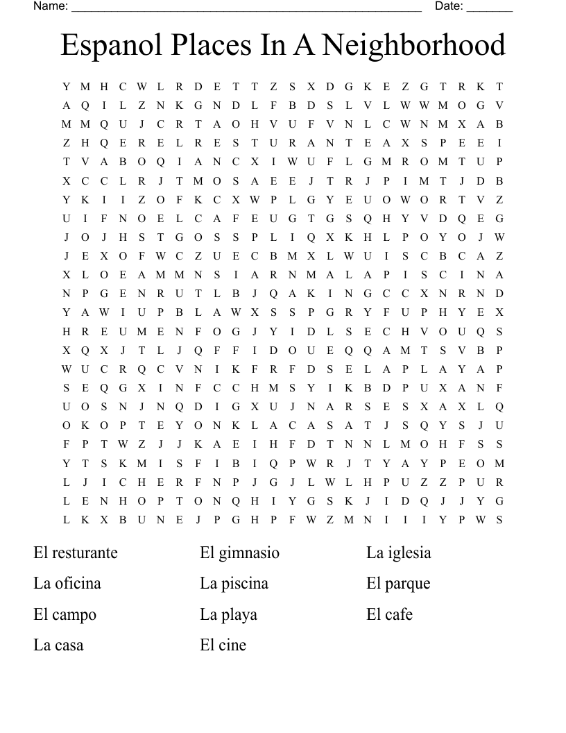 Espanol Places In A Neighborhood Word Search