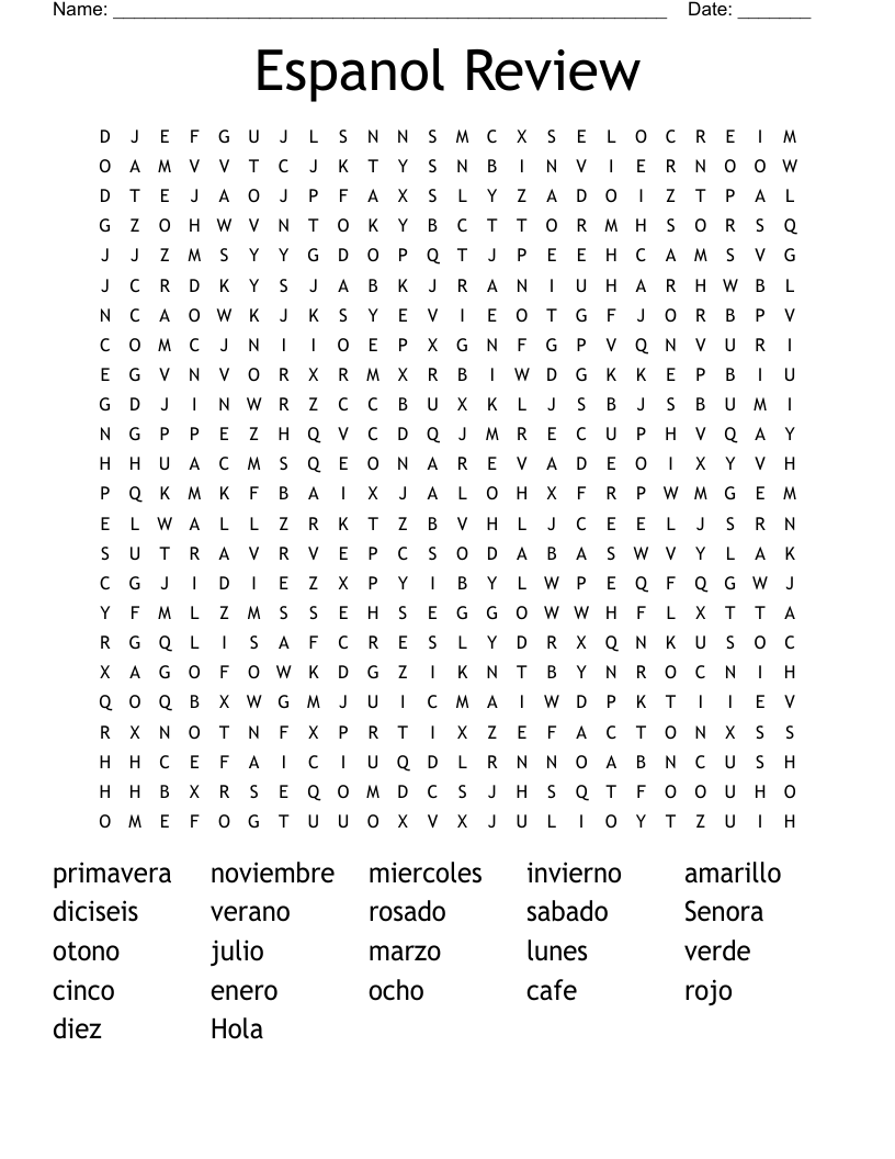 Espanol Review Word Search
