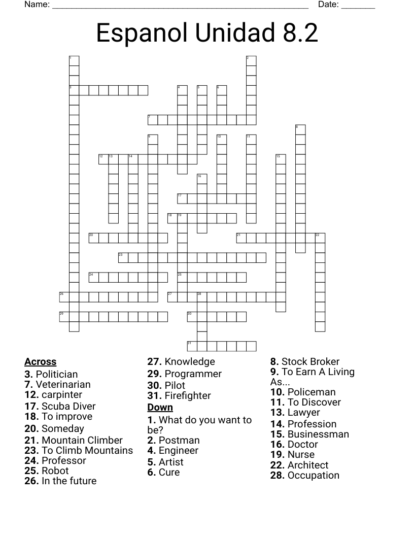 Espanol Unidad 8.2 Crossword