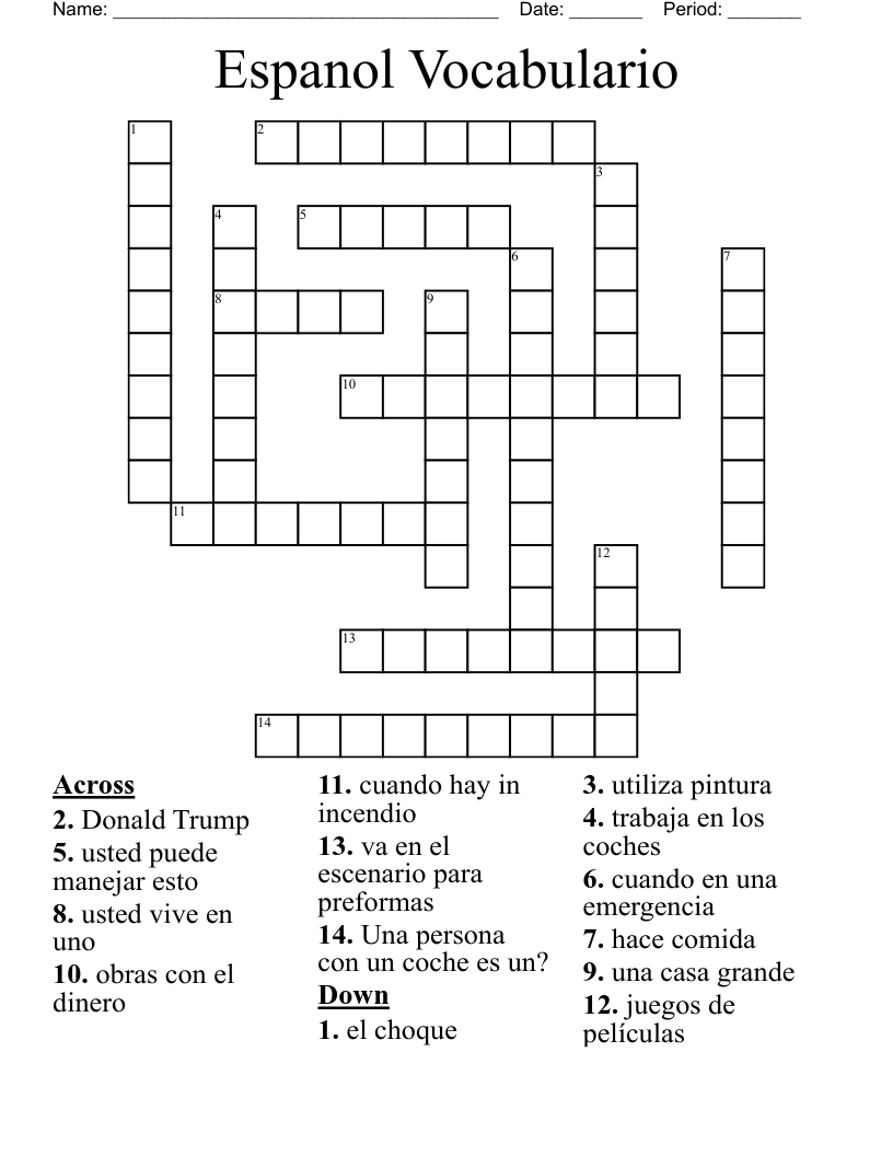 Espanol Vocabulario Crossword