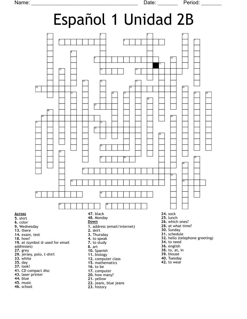 Español 1 Unidad 2B Crossword