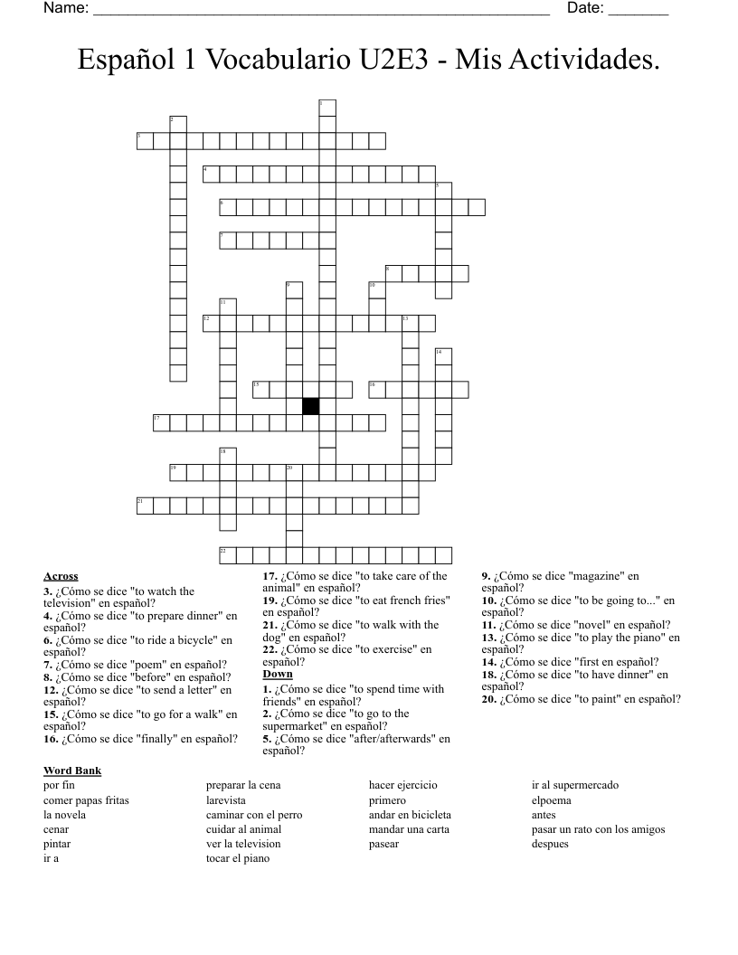 Español 1 Vocabulario U2E3 - Mis Actividades. Crossword