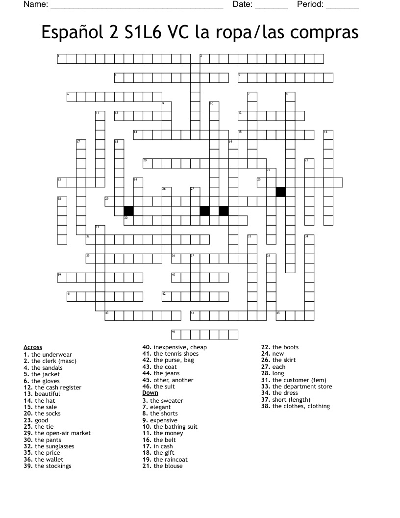 Español 2 S1L6 VC la ropa/las compras Crossword