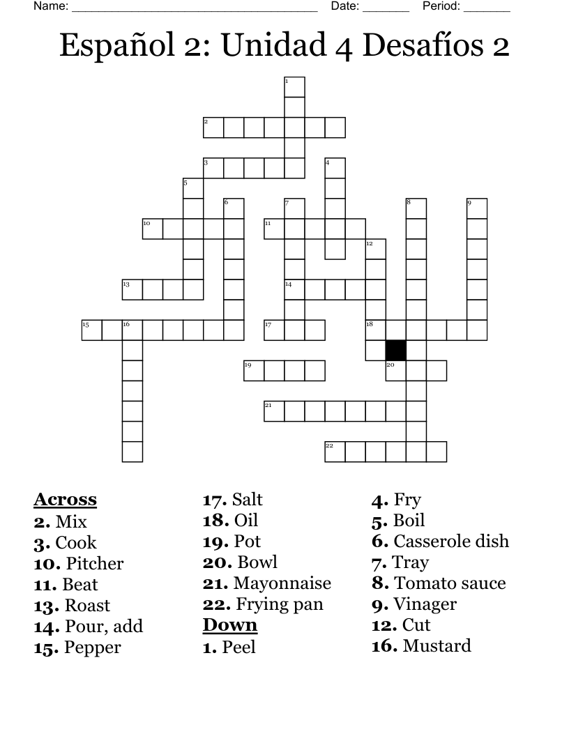 Español 2: Unidad 4 Desafíos 2 Crossword