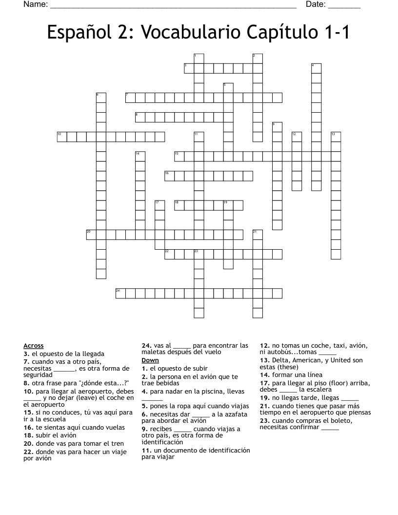 Español 2: Vocabulario Capítulo 1-1   Crossword