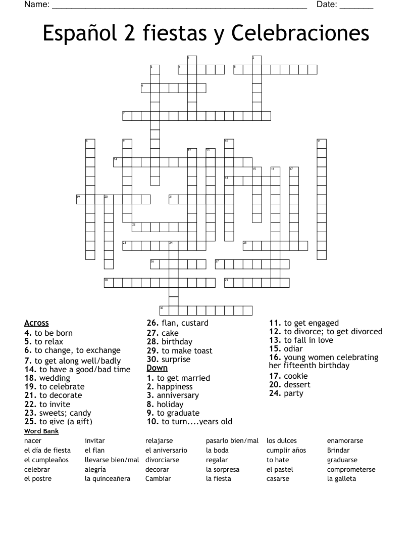 Español 2 fiestas y Celebraciones Crossword
