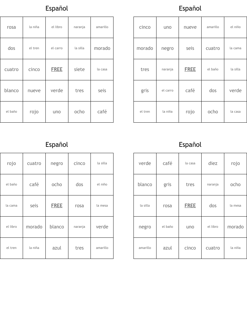 Español Bingo Cards