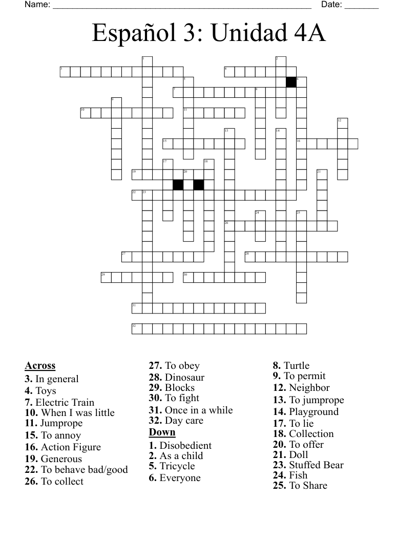 Español 3: Unidad 4A Crossword