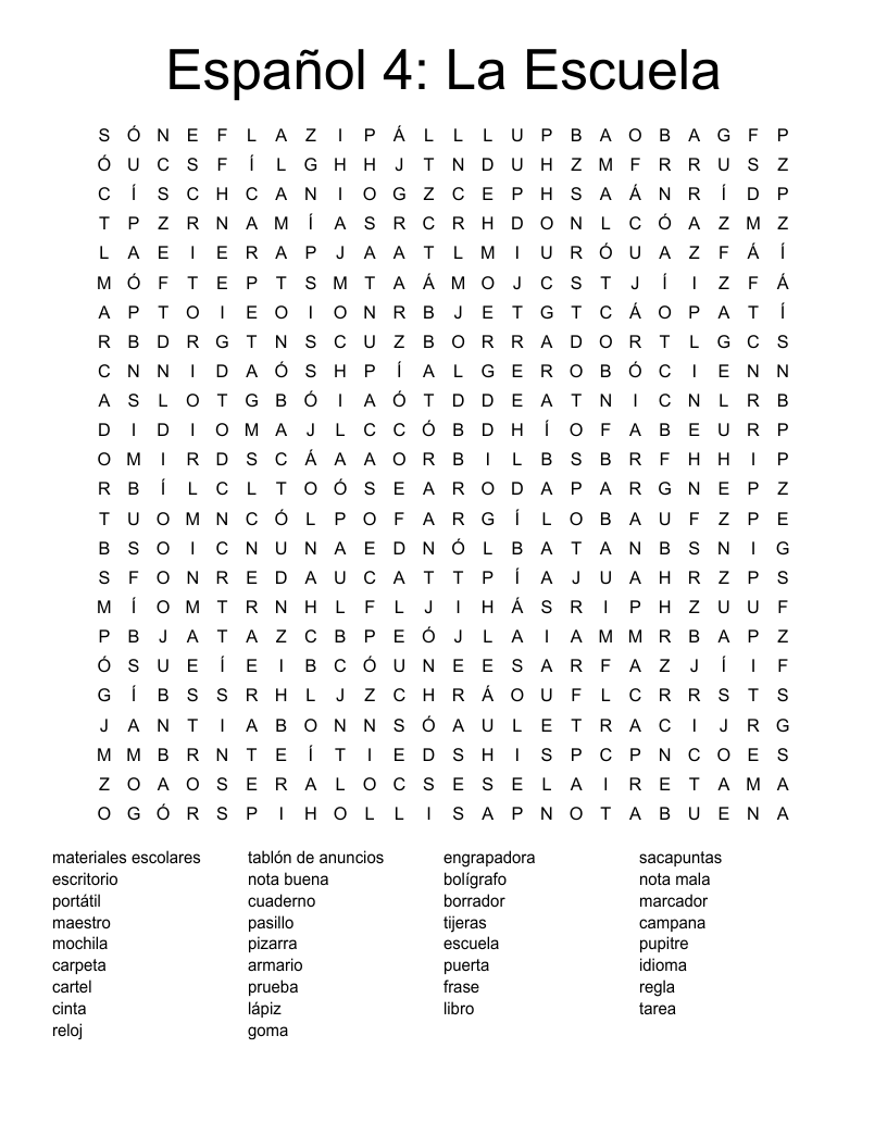 Español 4: La Escuela Word Search