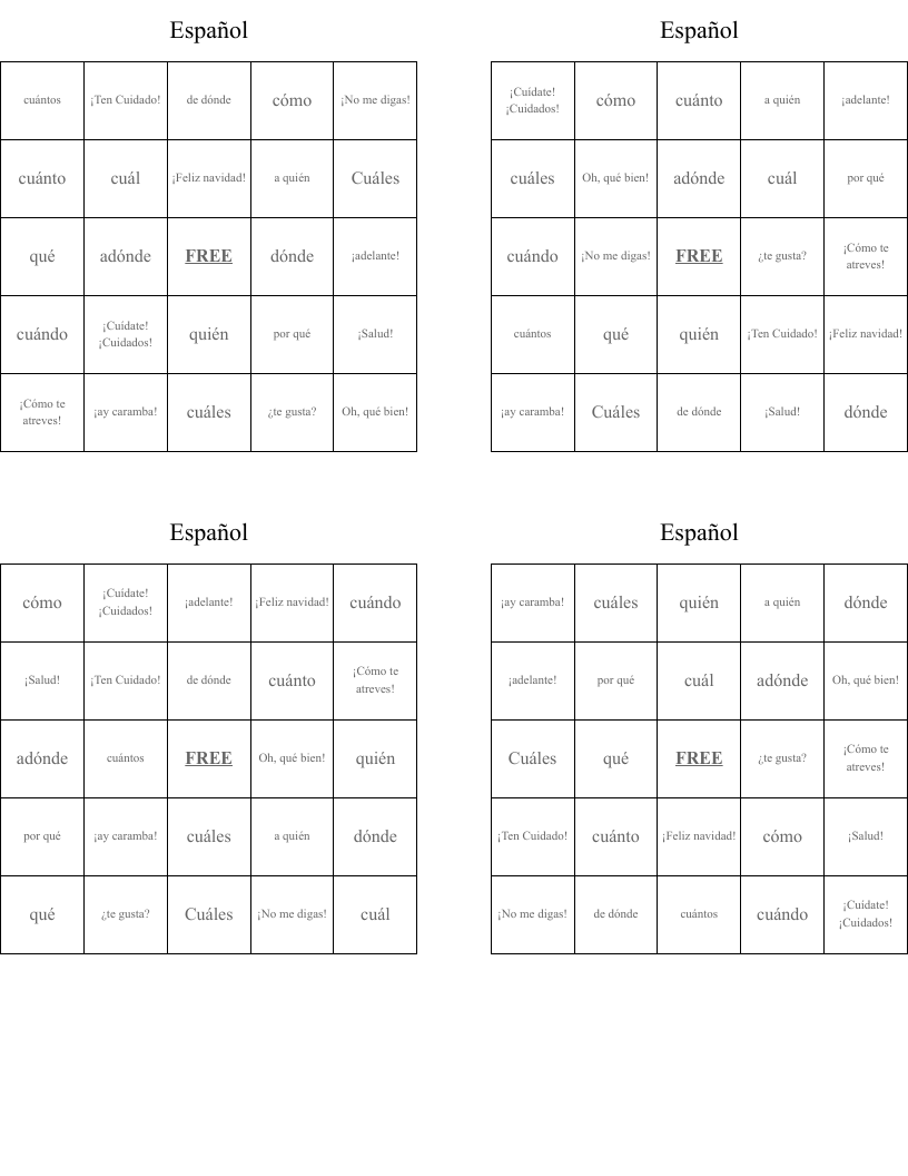 Español Bingo Cards