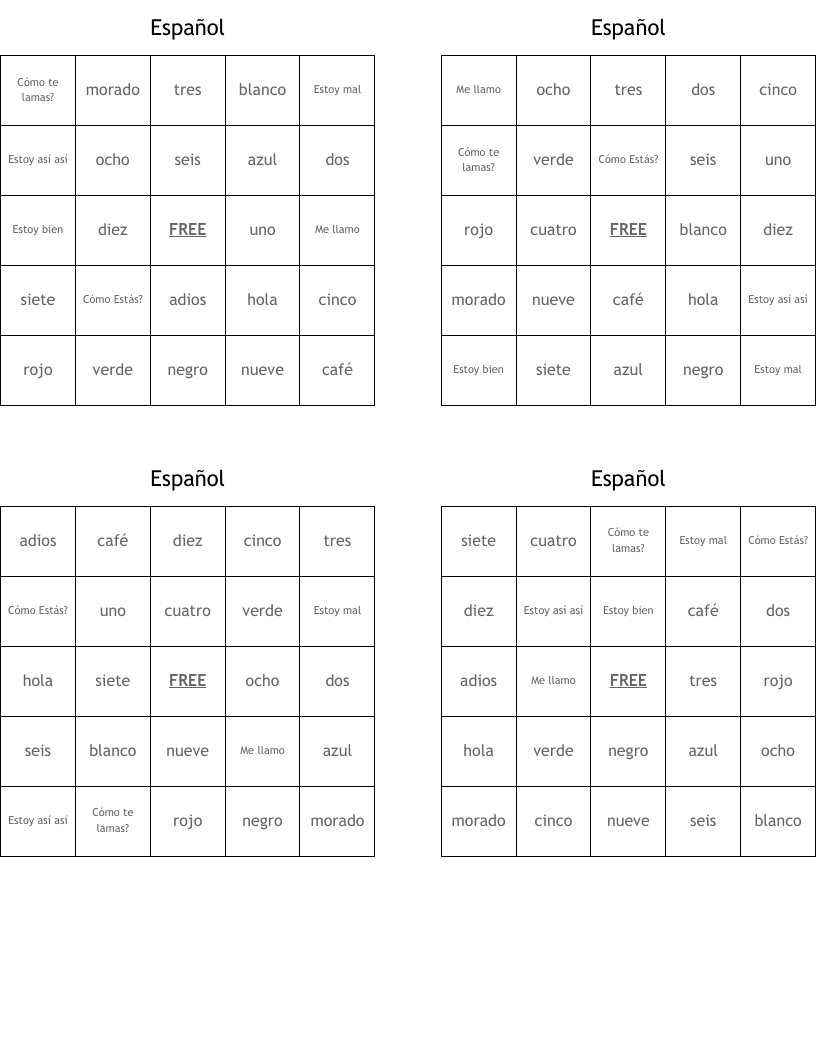 Español Bingo Cards