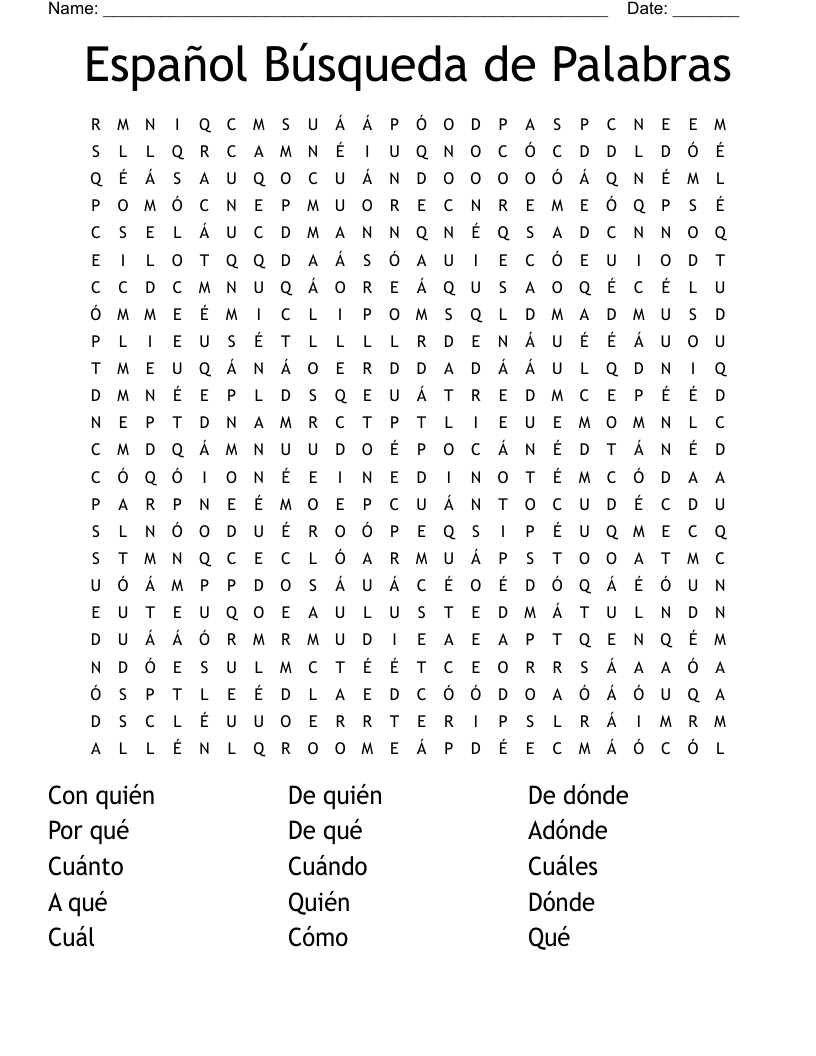 Español Búsqueda de Palabras Word Search
