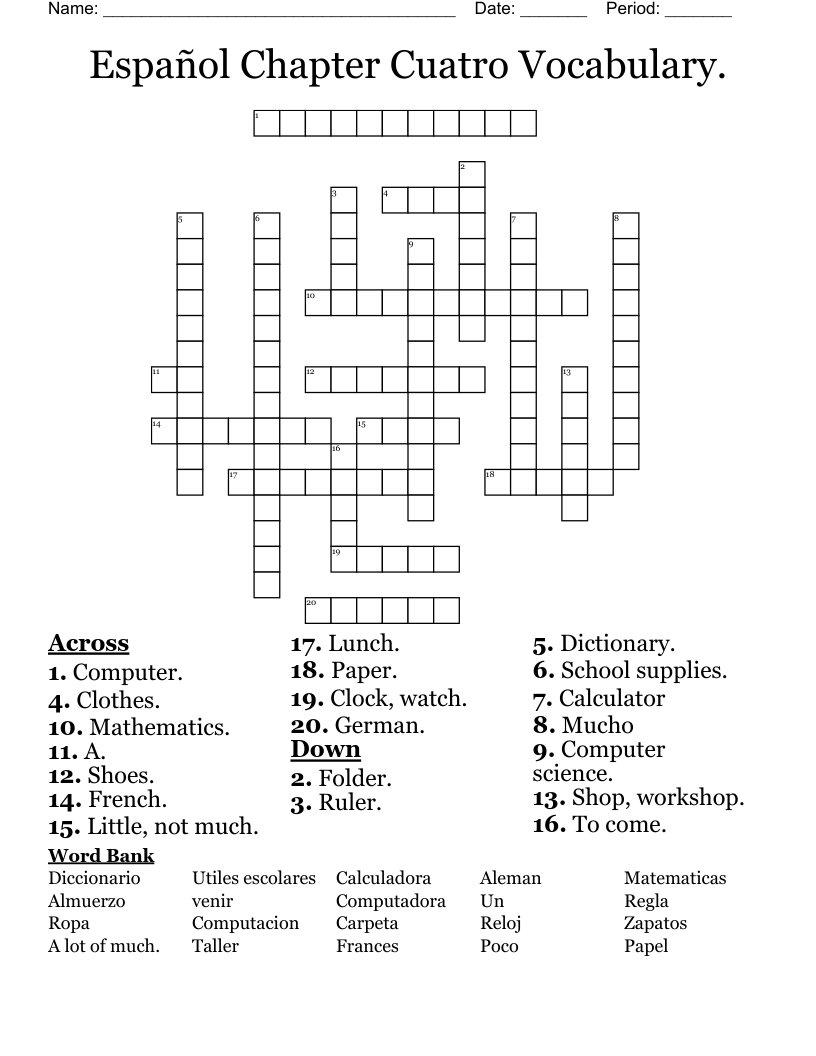 Español Chapter Cuatro Vocabulary.  Crossword