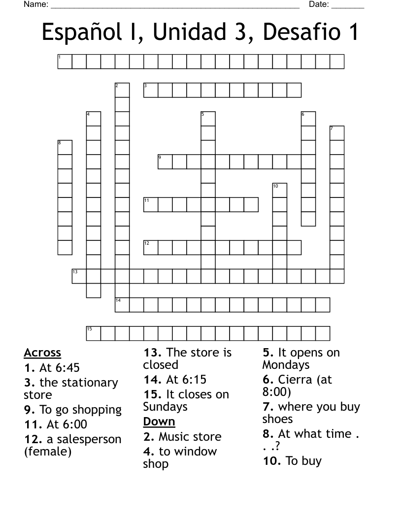 Español I, Unidad 3, Desafio 1 Crossword