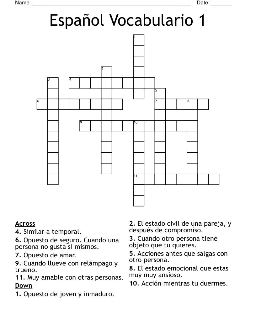 Español Vocabulario 1 Crossword