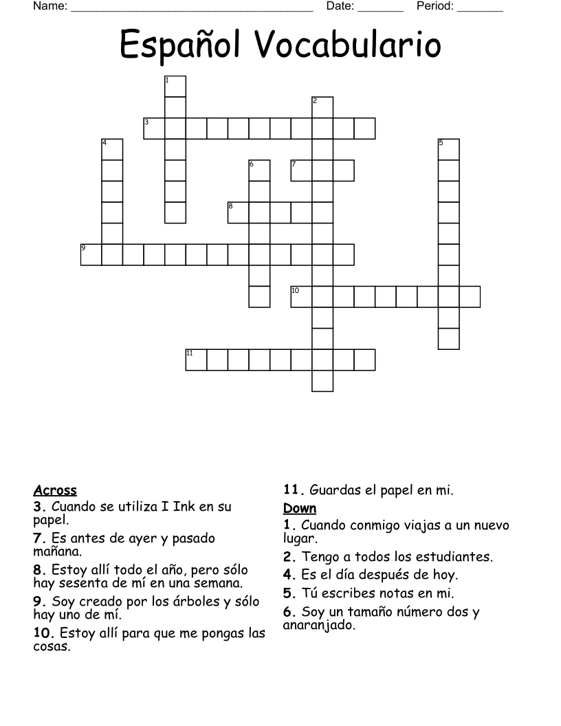 Español Vocabulario Crossword