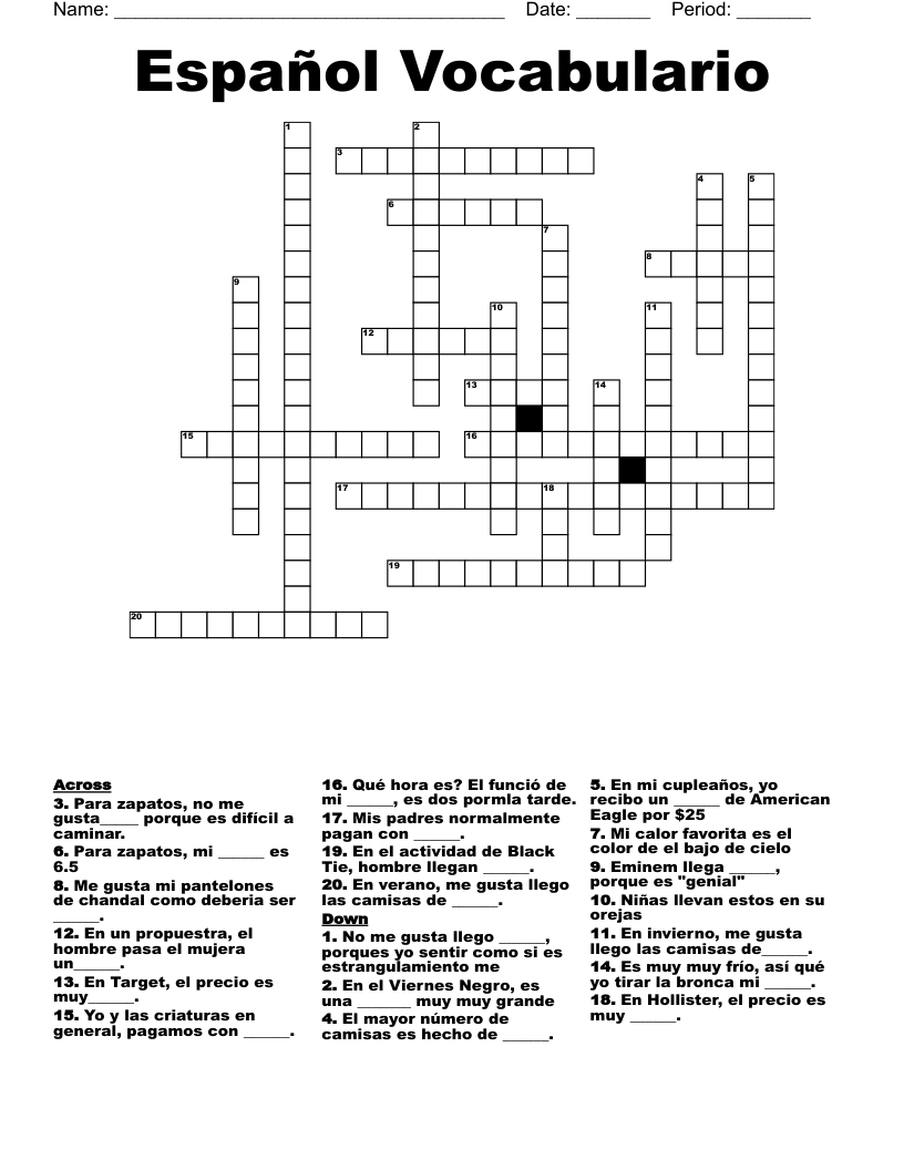 Español Vocabulario Crossword