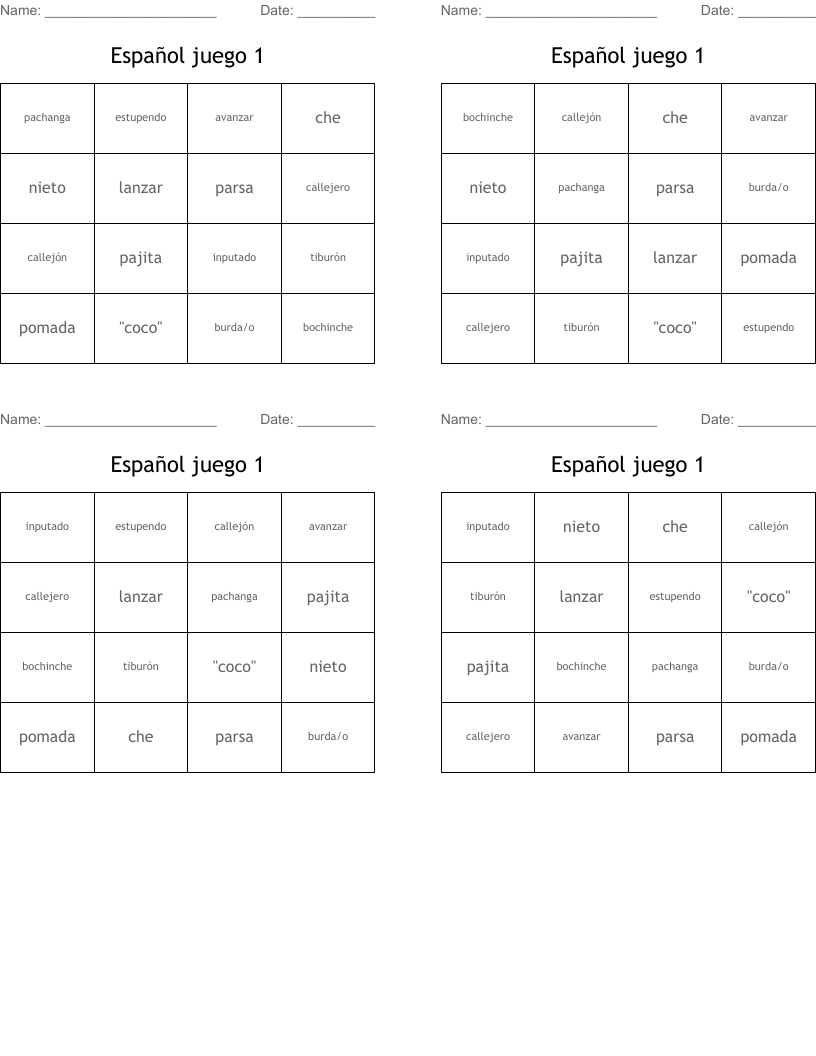 Español juego 1 Bingo Cards