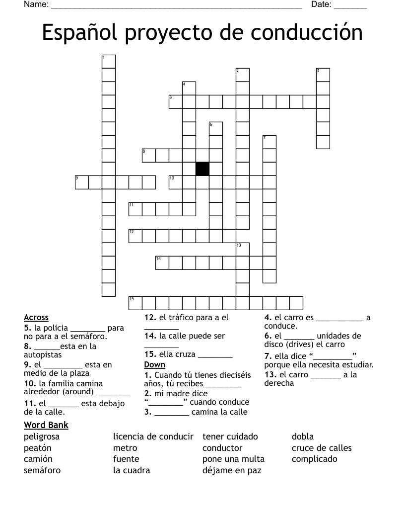 Español proyecto de conducción Crossword