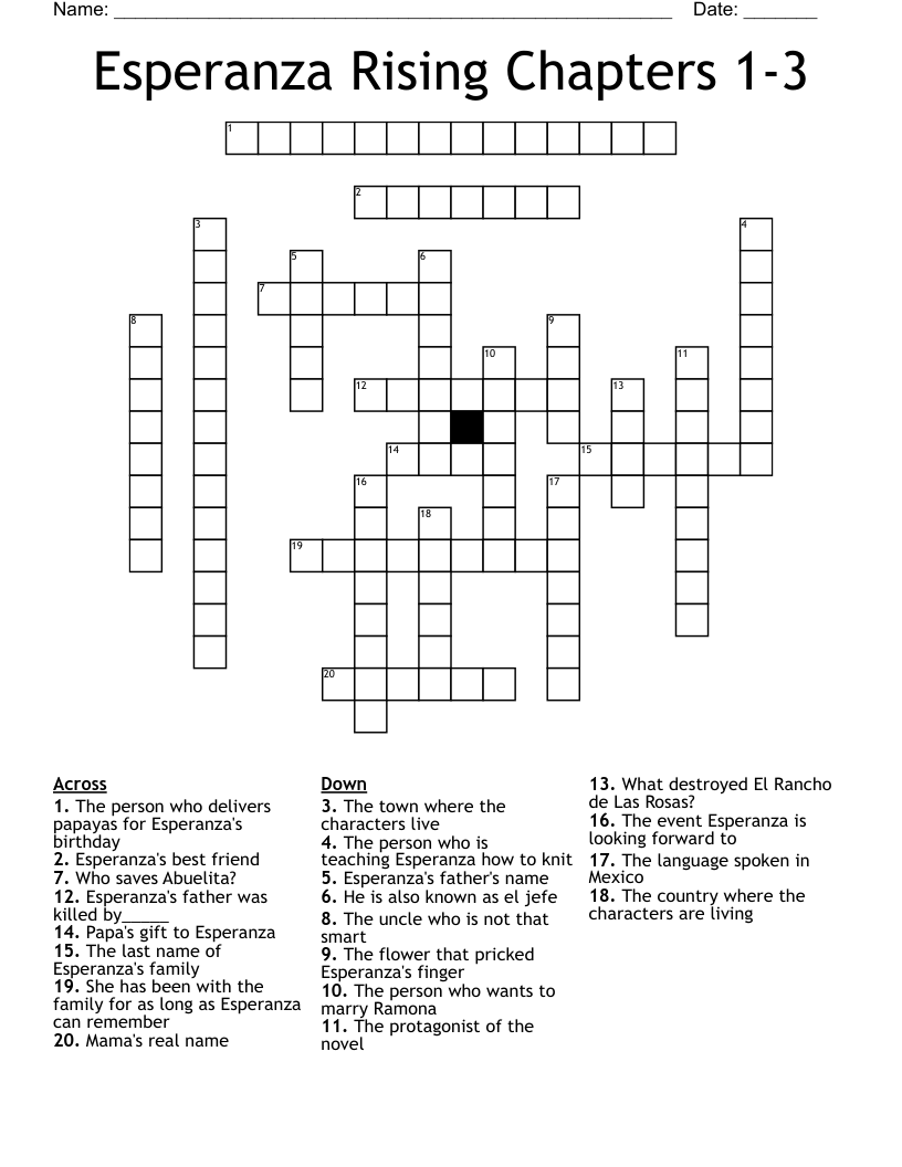 Esperanza Rising Chapters 1-3 Crossword