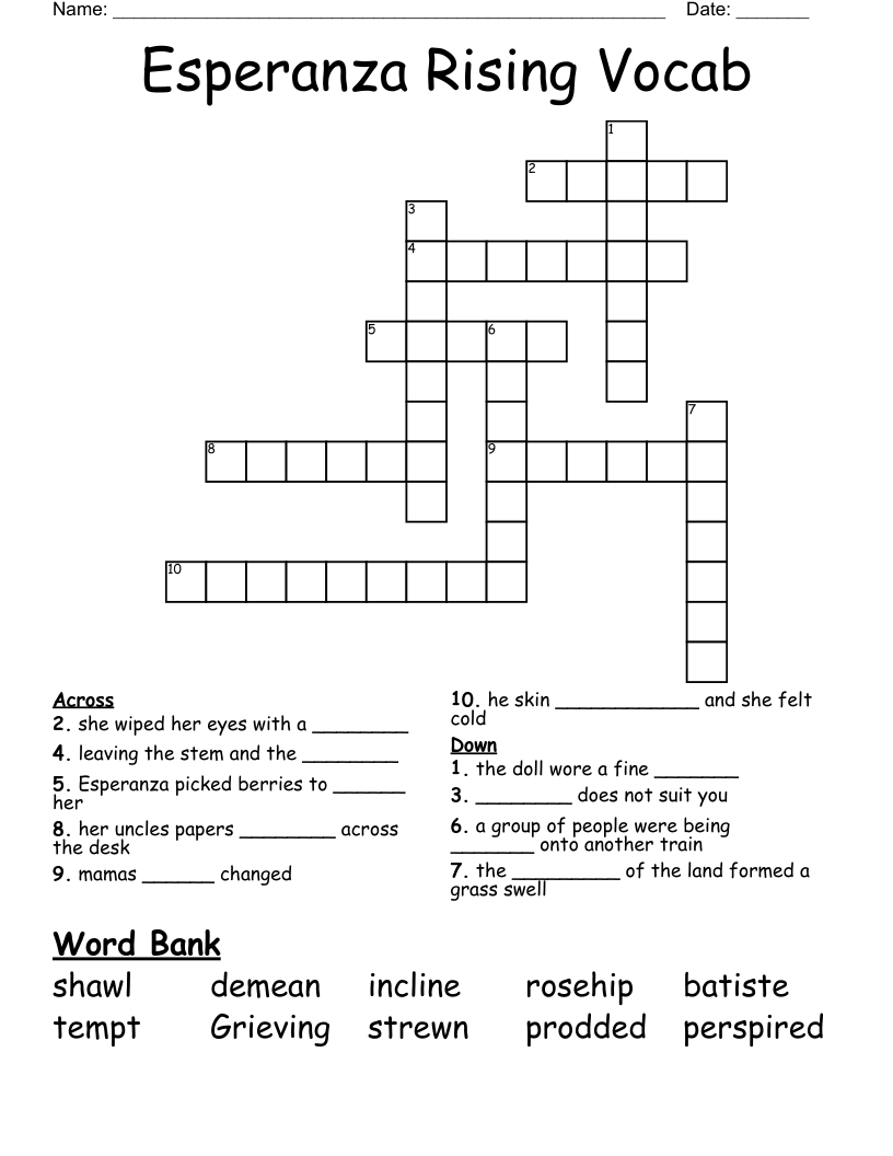 Esperanza Rising Vocab Crossword