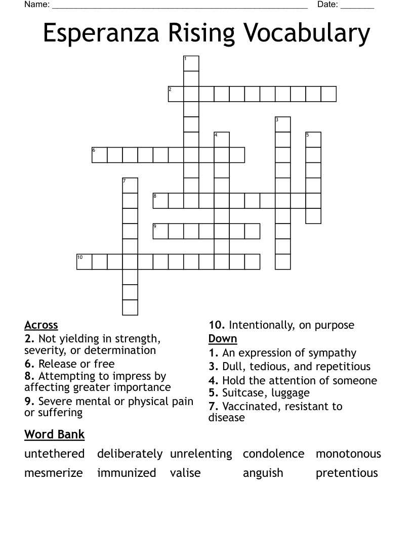 Esperanza Rising Vocabulary Crossword