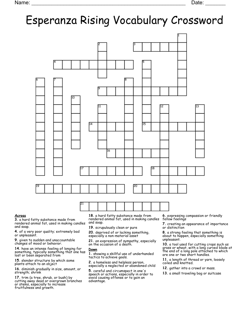 Esperanza Rising Vocabulary Crossword