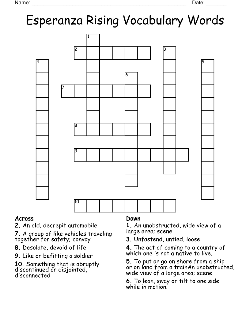 Esperanza Rising Vocabulary Words Crossword