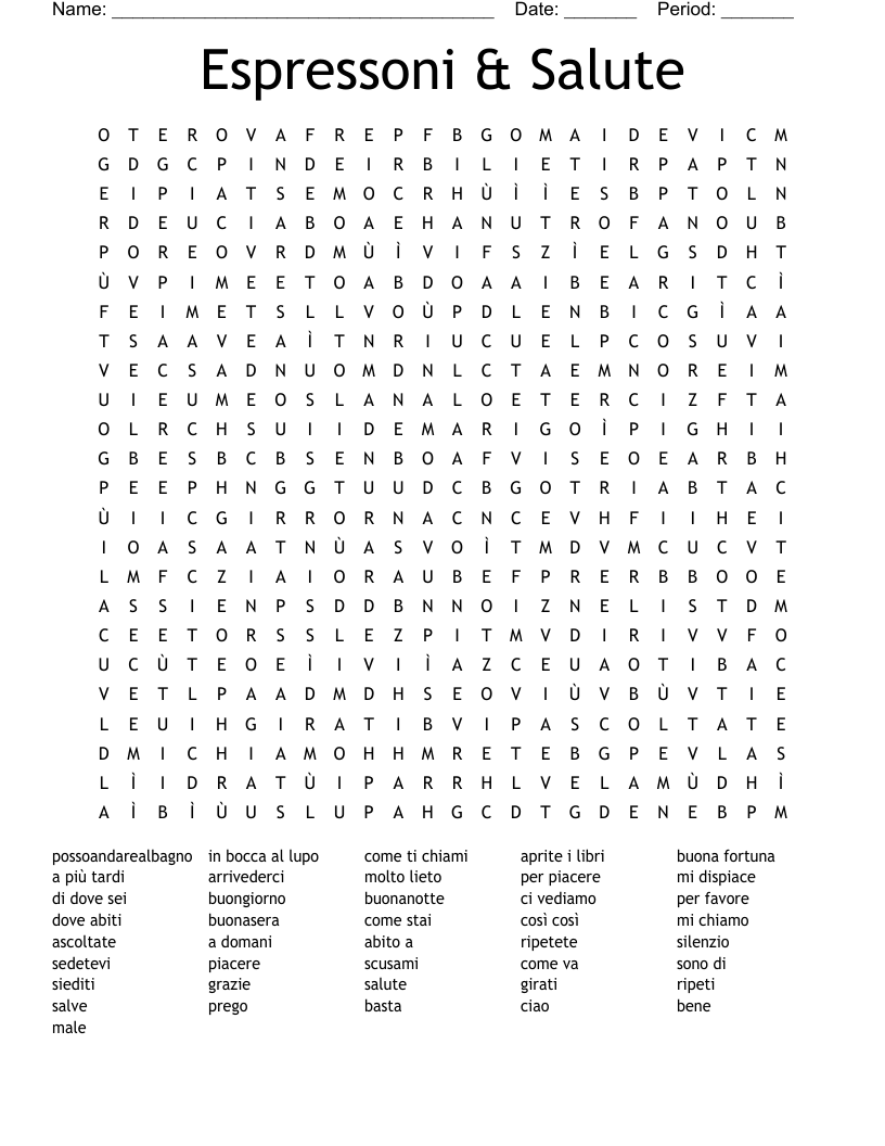 Espressoni & Salute Word Search