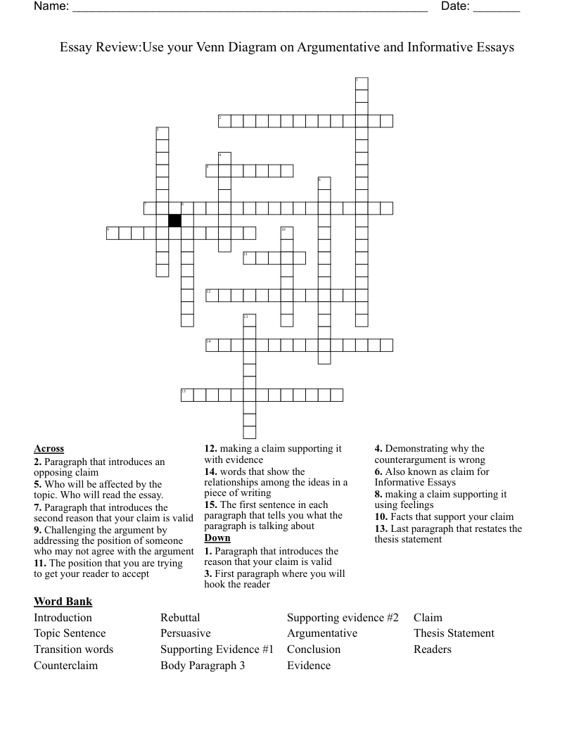 Essay Review:Use your Venn Diagram on Argumentative and Informative Essays Crossword